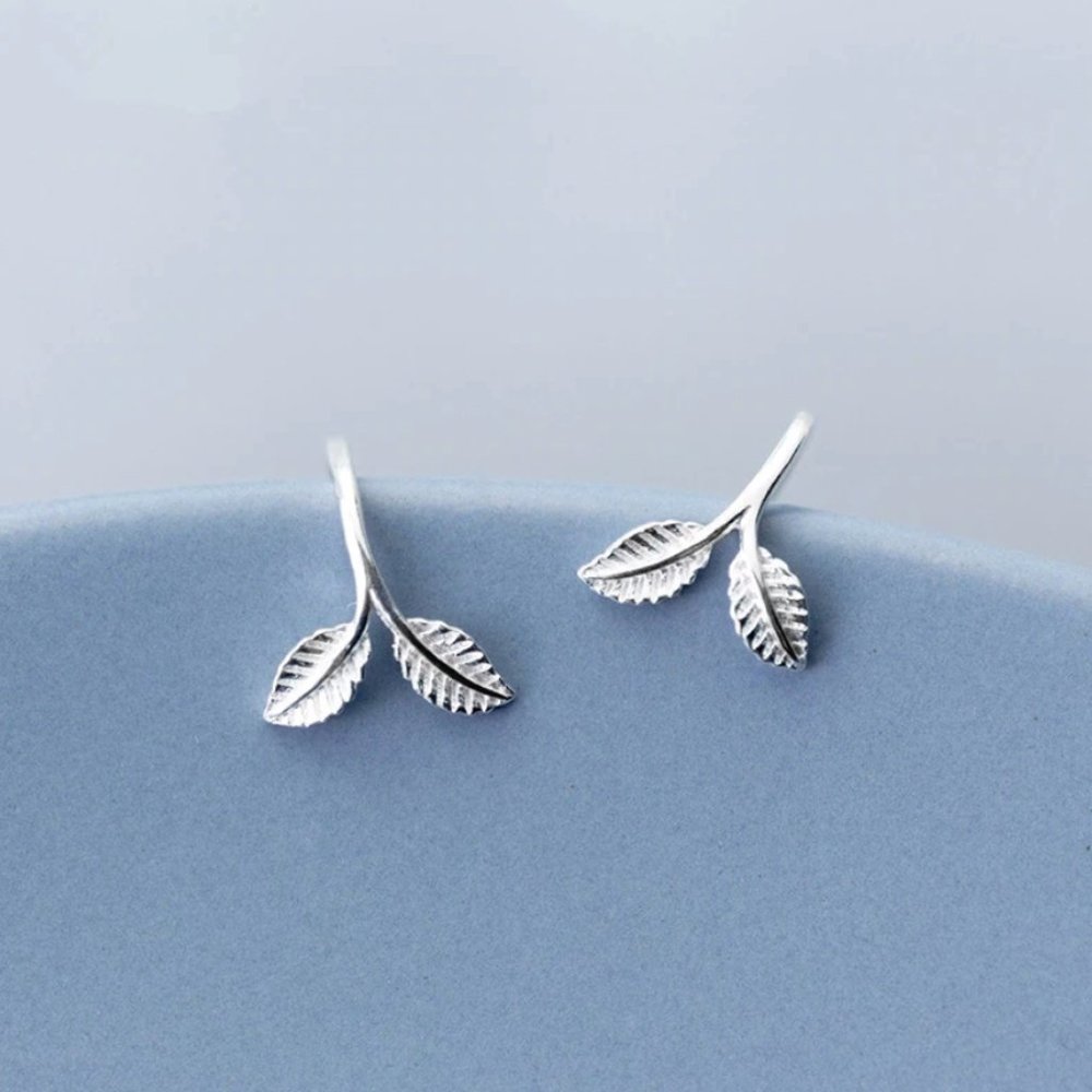 Minimalist silver leaf stud earrings